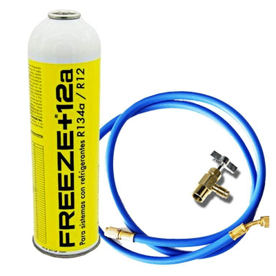 MC 1 Botella Gas Ecologico Refrigerante Freeze +12a 420Gr + Valvula + Manguera Organico Sustituto R12, R134A