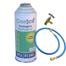 MC 1 Botella Gas Ecologico Gasica D2 226g + Valvula + Manguera Sustituto R12, R134A Freeze Organico