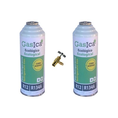 MC 2 Botellas Gas Ecologico Gasica D2 226g + Valvula Sustituto R12, R134A Freeze Organico