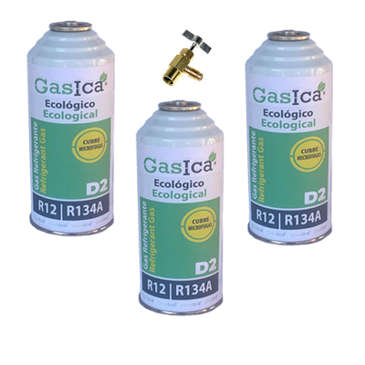 MC 3 Botellas Gas Ecologico Gasica D2 226g + Valvula Sustituto R12, R134A Freeze Organico