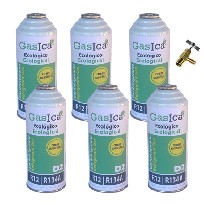 MC 6 Botellas Gas Ecologico Gasica D2 226g + Valvula Sustituto R12, R134A Freeze Organico