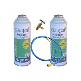 MC 2 Botellas Gas Ecologico Gasica D2 226g + Valvula + Manguera Sustituto R12, R134A Freeze Organico
