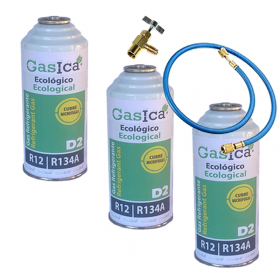MC 3 Botellas Gas Ecologico Gasica D2 226g + Manguera+ Valvula Sustituto R12, R134A Freeze Organico
