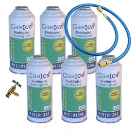 MC 6 Botellas Gas Ecologico Gasica D2 226g + Valvula + Manguera Sustituto R12, R134A Freeze Organico