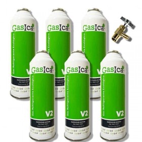MC 6 Botellas Gas Ecologico Gasica V2 255Gr + Valvula Sustituto R22, R32, R407C, R410A Freeze Organico