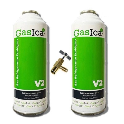 MC 2 Botellas Gas Ecologico Gasica V2 255Gr + Valvula Sustituto R22, R32, R407C, R410A Freeze Organico