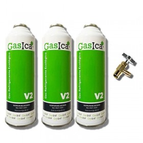 MC 3 Botellas Gas Ecologico Gasica V2 255Gr + Valvula Sustituto R22, R32, R407C, R410A Freeze Organico
