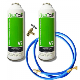 MC 2 Botellas Gas Ecologico Gasica V2 255Gr + Valvula + Manguera Sustituto R22, R32, R407C, R410A Freeze Organico
