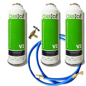 MC 3 Botellas Gas Ecologico Gasica V2 255Gr + Valvula + Manguera Sustituto R22, R32, R407C, R410A Freeze Organico