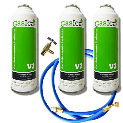 MC 3 Botellas Gas Ecologico Gasica V2 255Gr + Valvula + Manguera Sustituto R22, R32, R407C, R410A Freeze Organico