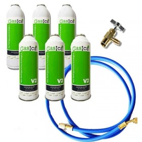 MC 6 Botellas Gas Ecologico Gasica V2 255Gr + Valvula + Manguera Sustituto R22, R32, R407C, R410A Freeze Organico