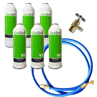 MC 6 Botellas Gas Ecologico Gasica V2 255Gr + Valvula + Manguera Sustituto R22, R32, R407C, R410A Freeze Organico