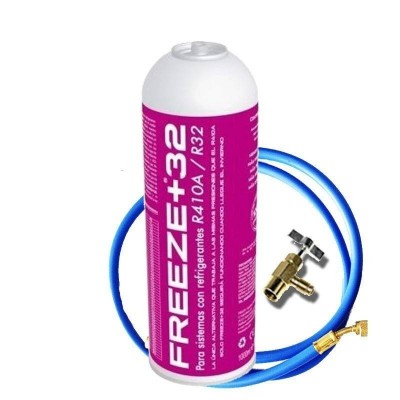 MC 1 Botella Gas Ecologico Refrigerante Freeze Organico +32 350Gr + Valvula + Manguera Sustituto R32, R410A