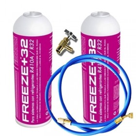 MC 2 Botellas Gas Ecologico Refrigerante Freeze Organico +32 350Gr + Valvula + Manguera Sustituto R32, R410A