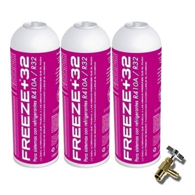MC 3 Botellas Gas Ecologico Refrigerante Freeze Organico +32 350Gr + Valvula Sustituto R32, R410A