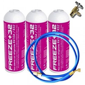 MC 3 Botellas Gas Ecologico Refrigerante Freeze Organico +32 350Gr + Valvula + Manguera Sustituto R32, R410A