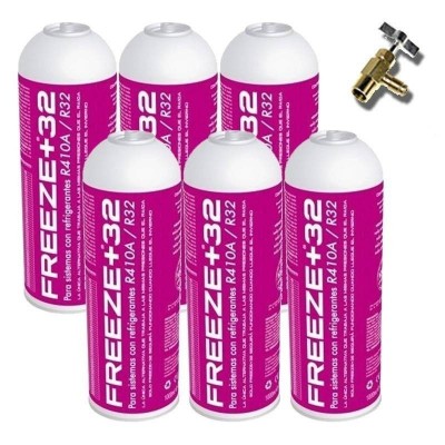 MC 6 Botellas Gas Ecologico Refrigerante Freeze Organico +32 350Gr + Valvula Sustituto R32, R410A