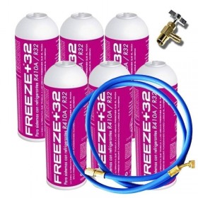 MC 6 Botellas Gas Ecologico Refrigerante Freeze Organico +32 350Gr + Valvula + Manguera Sustituto R32, R410A