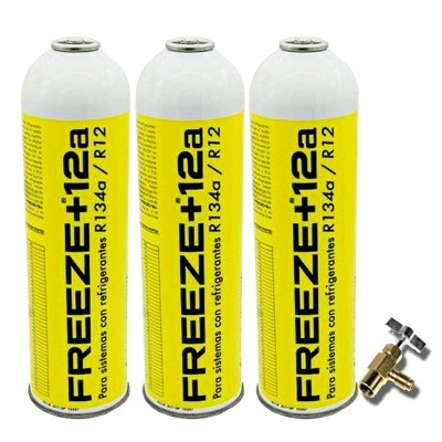 MC 3 Botellas Gas Ecologico Refrigerante Freeze +12a 420Gr + Valvula Organico Sustituto R12, R134A