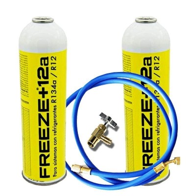 MC 2 Botellas Gas Ecologico Refrigerante Freeze +12a 420Gr + Valvula + Manguera Organico Sustituto R12, R134A