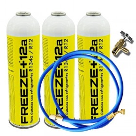 MC 3 Botellas Gas Ecologico Refrigerante Freeze +12a 420Gr + Valvula + Manguera Organico Sustituto R12, R134A