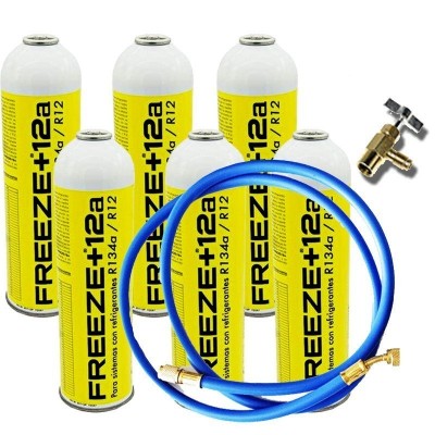 MC 6 Botellas Gas Ecologico Refrigerante Freeze +12a 420Gr + Valvula + Manguera Organico Sustituto R12, R134A