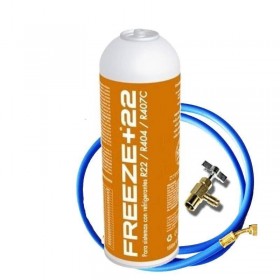 MC 1 Botella Gas Ecologico Refrigerante Freeze +22 400Gr + Valvula + Manguera Organico Sustituto R22, R404, R407C