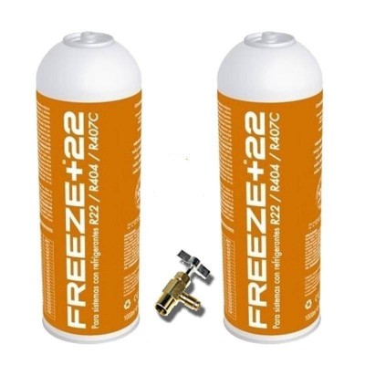 MC 2 Botellas Gas Ecologico Refrigerante Freeze +22 400Gr + Valvula Organico Sustituto R22, R404, R407C