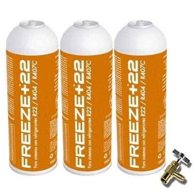 MC 3 Botellas Gas Ecologico Refrigerante Freeze +22 400Gr + Valvula Organico Sustituto R22, R404, R407C