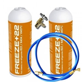 MC 2 Botellas Gas Ecologico Refrigerante Freeze +22 400Gr + Valvula + Manguera Organico Sustituto R22, R404, R407C