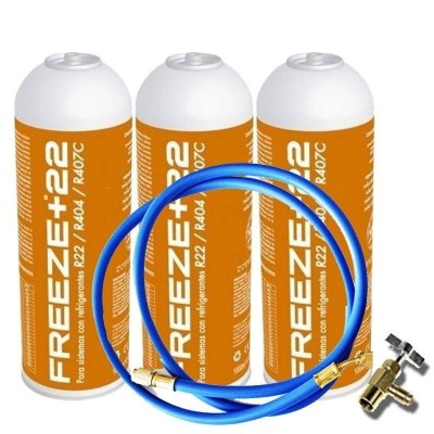 MC 3 Botellas Gas Ecologico Refrigerante Freeze +22 400Gr + Valvula + Manguera Organico Sustituto R22, R404, R407C