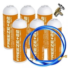 MC 6 Botellas Gas Ecologico Refrigerante Freeze +22 400Gr + Valvula + Manguera Organico Sustituto R22, R404, R407C