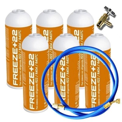 MC 6 Botellas Gas Ecologico Refrigerante Freeze +22 400Gr + Valvula + Manguera Organico Sustituto R22, R404, R407C