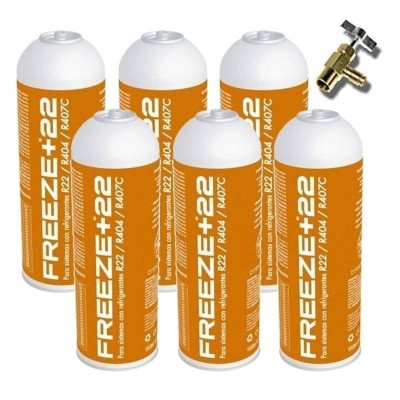 MC 6 Botellas Gas Ecologico Refrigerante Freeze +22 400Gr + Valvula Organico Sustituto R22, R404, R407C