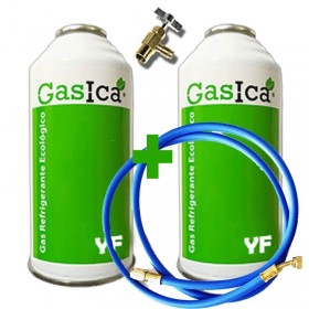 MC 2 Botellas Gas Ecologico Gasica YF 355gr + Valvula + Manguera Sustituto R1234YF Organico