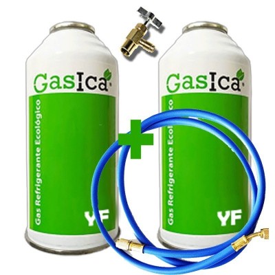 MC 2 Botellas Gas Ecologico Gasica YF 355gr + Valvula + Manguera Sustituto R1234YF Organico