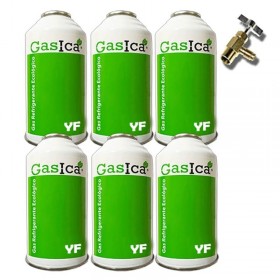 MC 6 Botellas Gas Ecologico Gasica YF 171gr + Valvula Sustituto R1234YF Freeze Organico