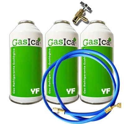 MC 3 Botellas Gas Ecologico Gasica YF 171gr + Valvula + Manguera Sustituto R1234YF Freeze Organico