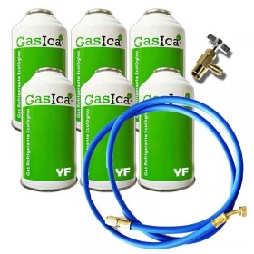 MC 6 Botellas Gas Ecologico Gasica YF 171gr + Valvula + Manguera Sustituto R1234YF Freeze Organico