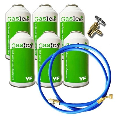 MC 6 Botellas Gas Ecologico Gasica YF 171gr + Valvula + Manguera Sustituto R1234YF Freeze Organico
